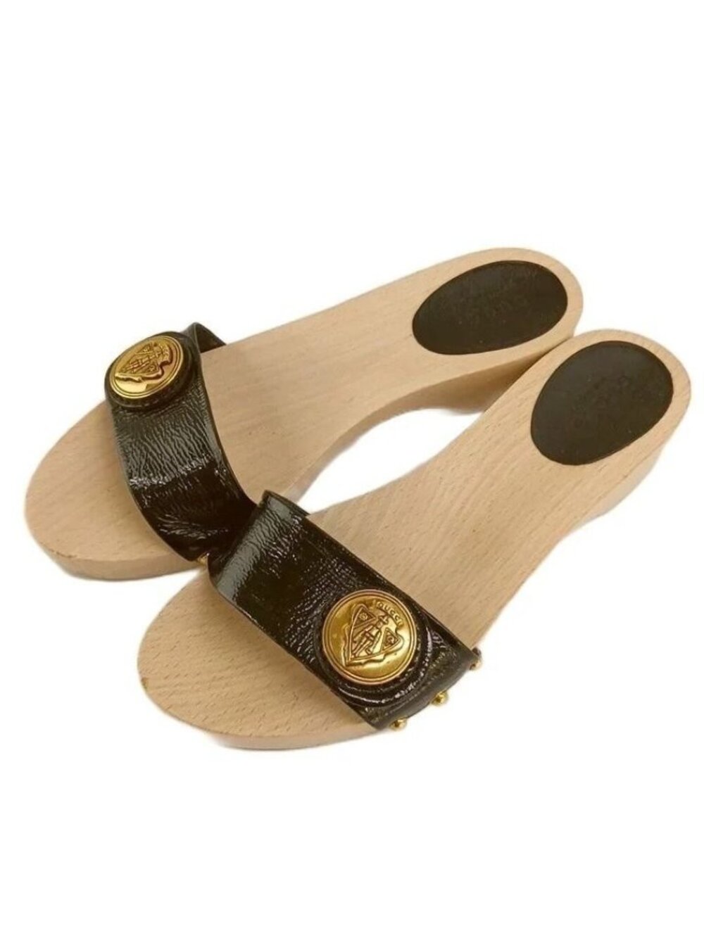 Gucci Hysteria Crest Wood Slide Sandals Patent Logo Gold Black Beige